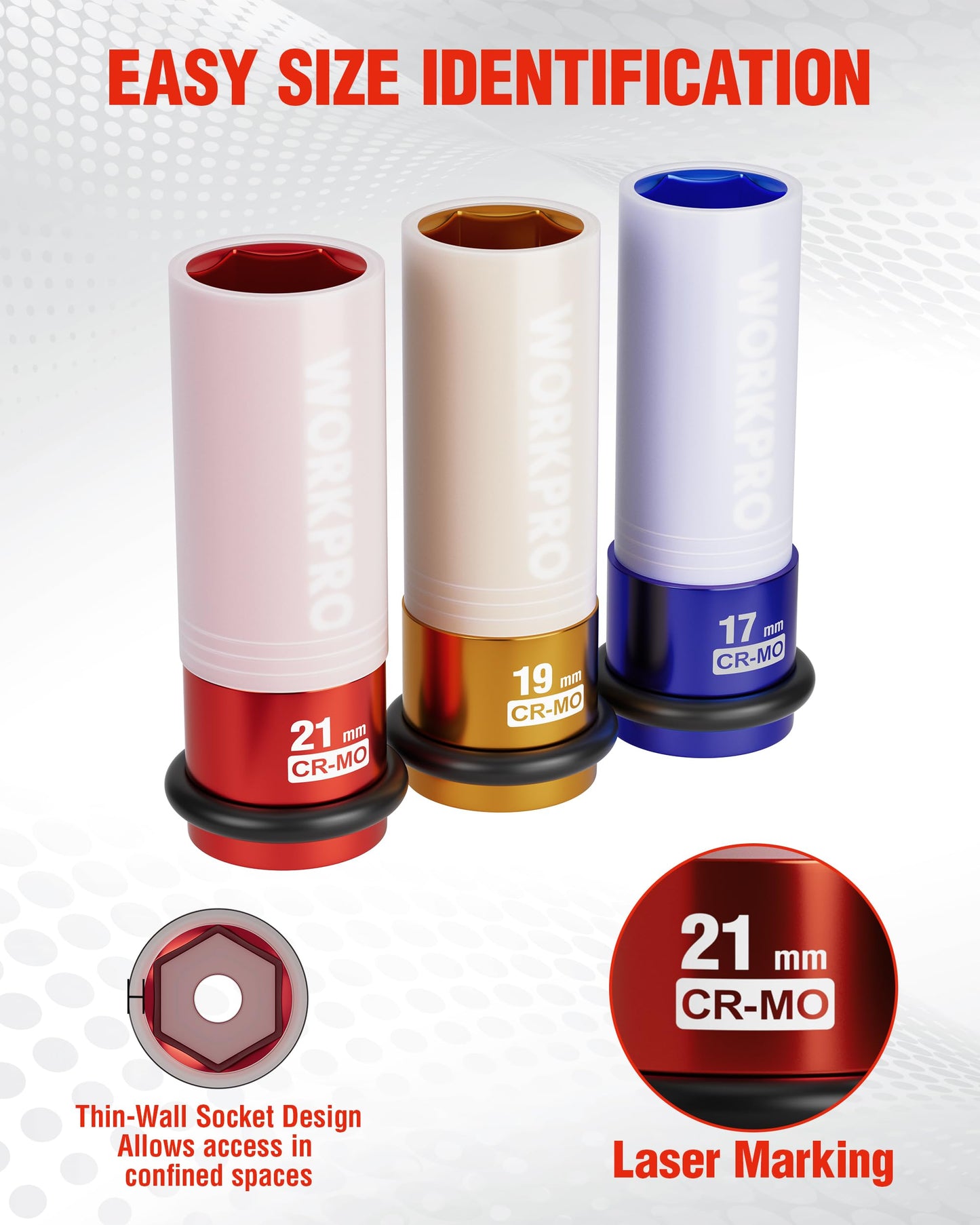 WORKPRO 1/2" Drive Lug Nut Impact Duty Socket, 21mm Deep Thin Wall Socket, Made of Premium Cr-Mo Steel, Non-Marring Lug Nut Wheel Sockets for Car