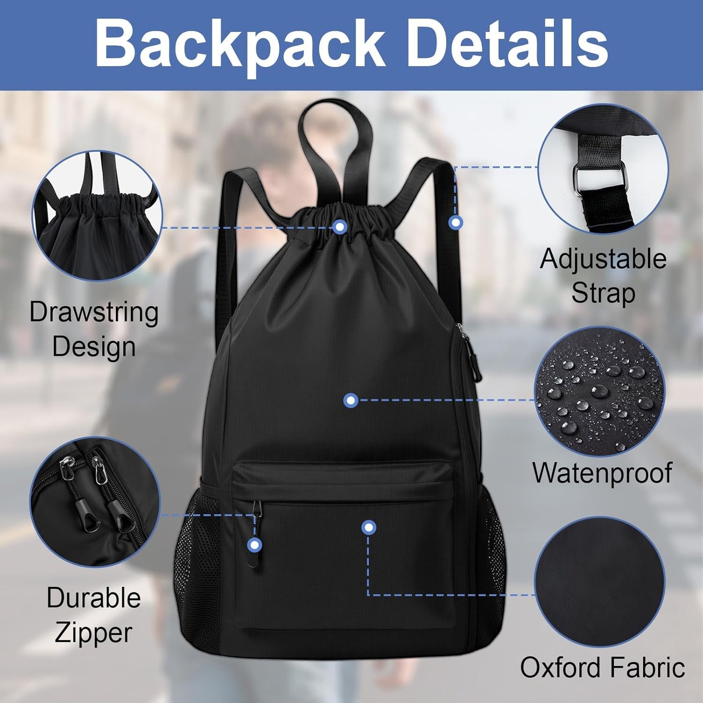 Skiennix Black Basketball Drawstring Backpack - X-Large Waterproof Gym Bag | Sports Bag with Mesh Pocket for Men & Women