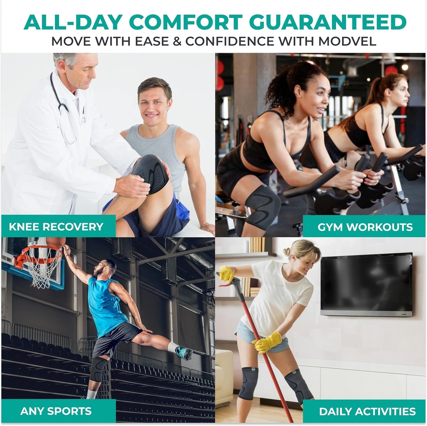 Modvel Compression Knee Brace - 2-Pack Support Sleeves for Running & Pain Relief | Ideal for ACL & Arthritis