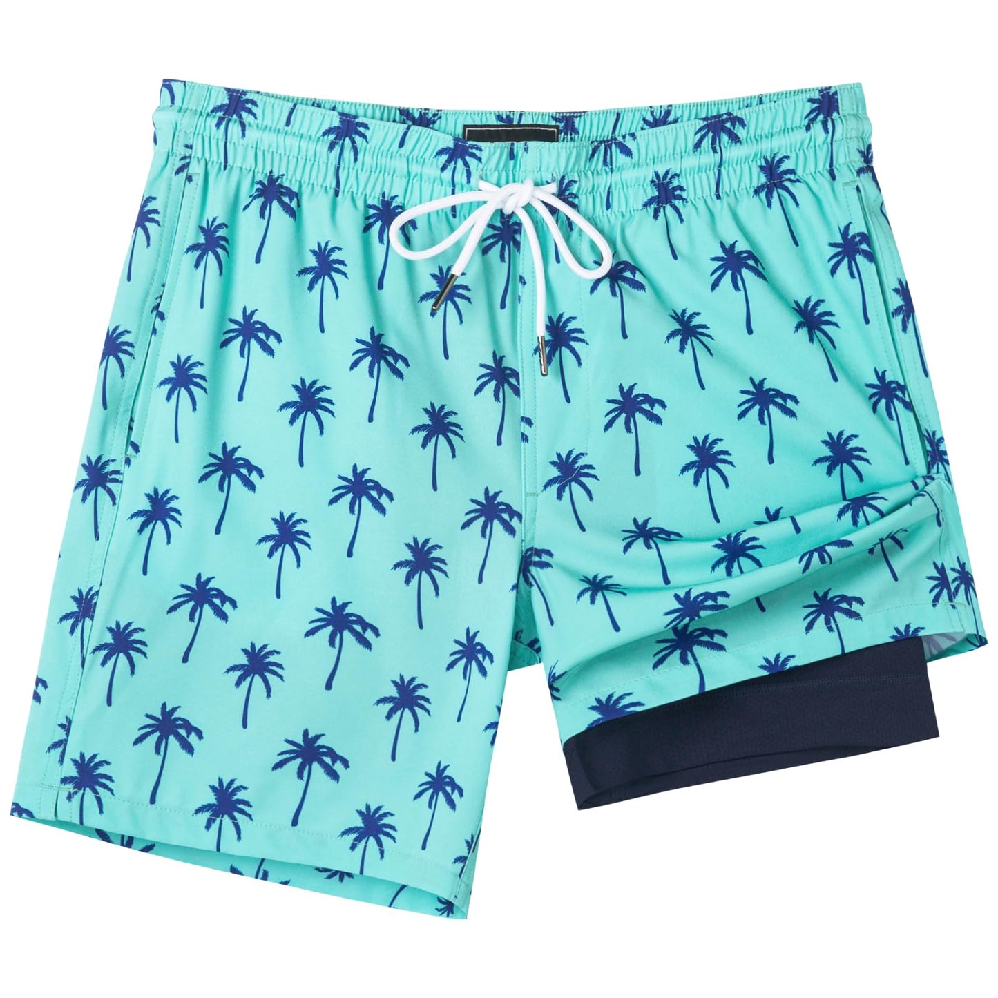 SURF CUZ Mens Swim Trunks with Compression Liner Quick Dry Swim Shorts 7" Swimming Trunks Stretch Zipper Pockets,Green Palm,S