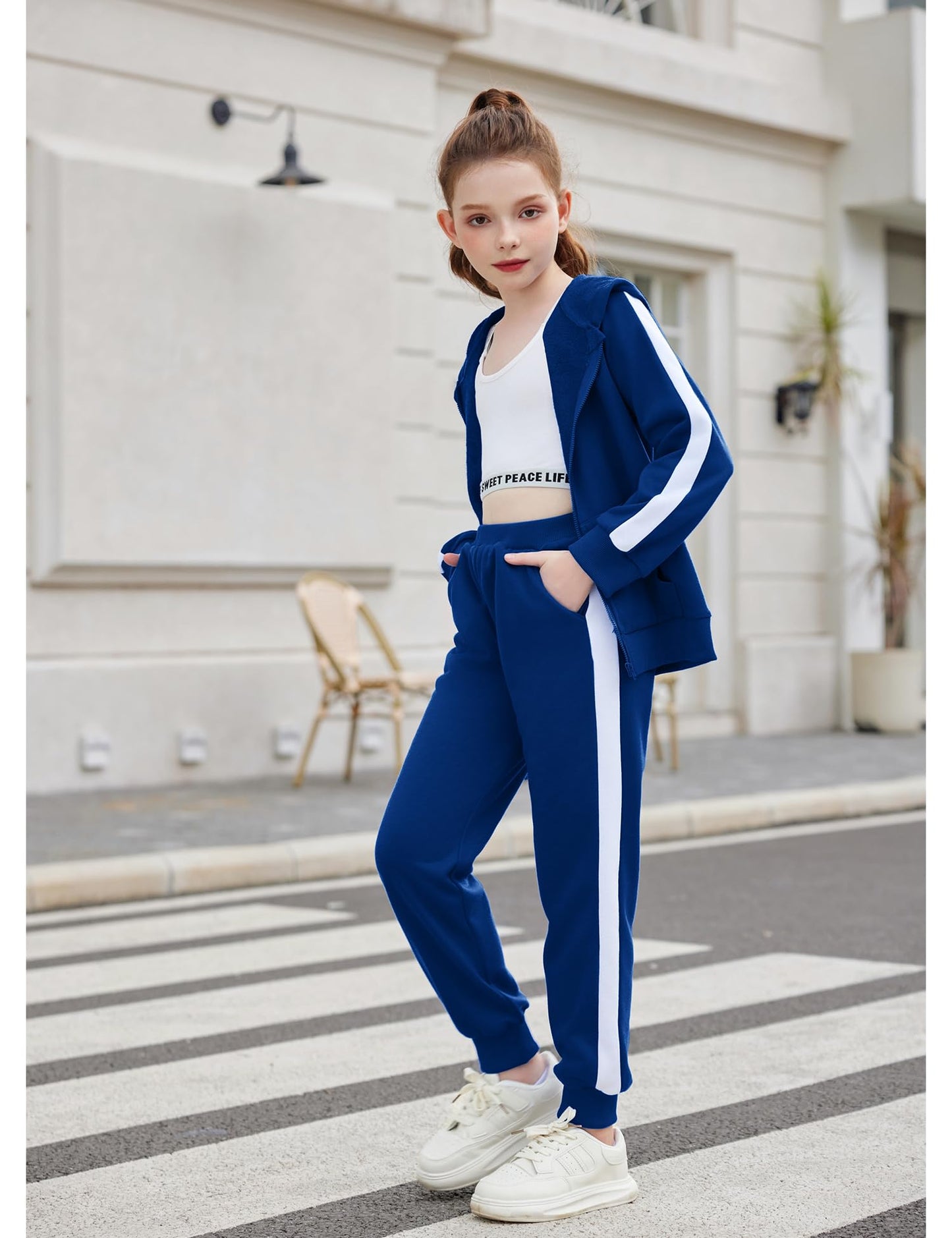 Zaclotre Girls 2 Piece Outfits Sweatsuit Zip Up Open Front Hoodie Sweatshirt and Sweatpant Sets Fall Outfits Navy 7-8 Years