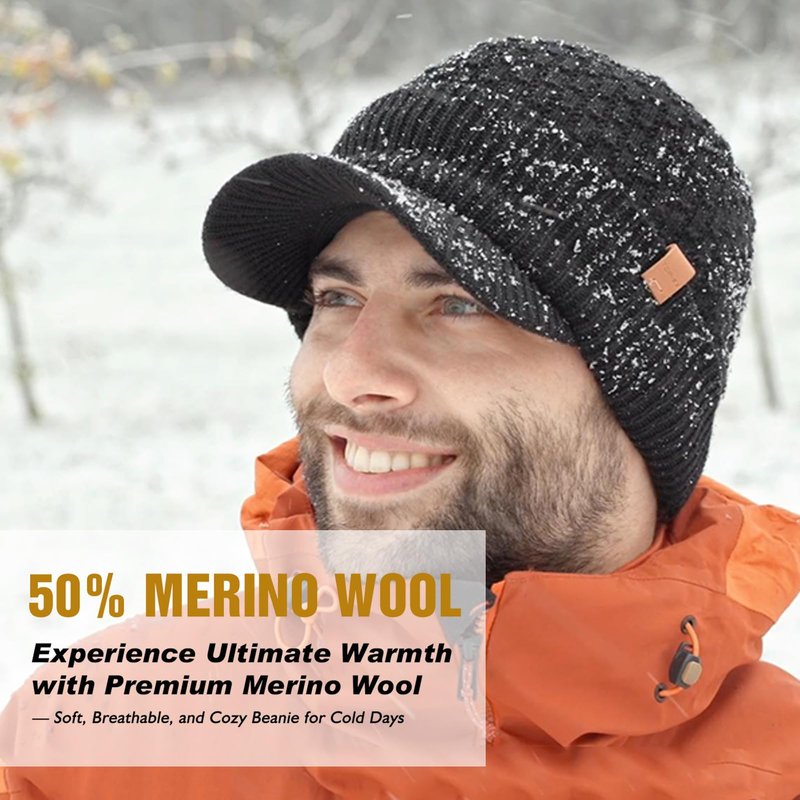 TOP-EX 50% Merino Wool Winter Hats Beanie with Brim Waterproof Warm Fleece Lined for Cold Weather (US, Alpha, X-Large, XX-Large, Black (Waterproof))