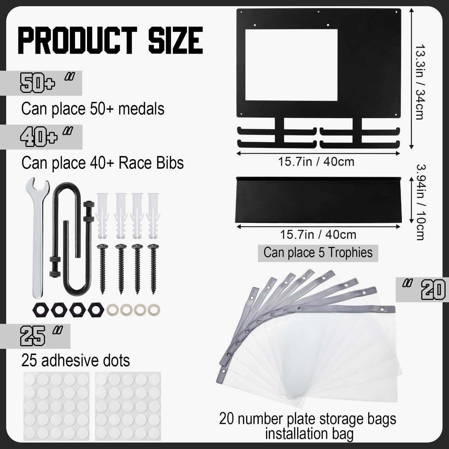Moxweyeni Race Medal and Bib Display with Trophy Shelf, Wall Mounted Photo Display Board, Ideal Gifts for Runners and Marathoners, Holds up to 50 Medals, 40 Race Bibs & 5 Trophies(Black)