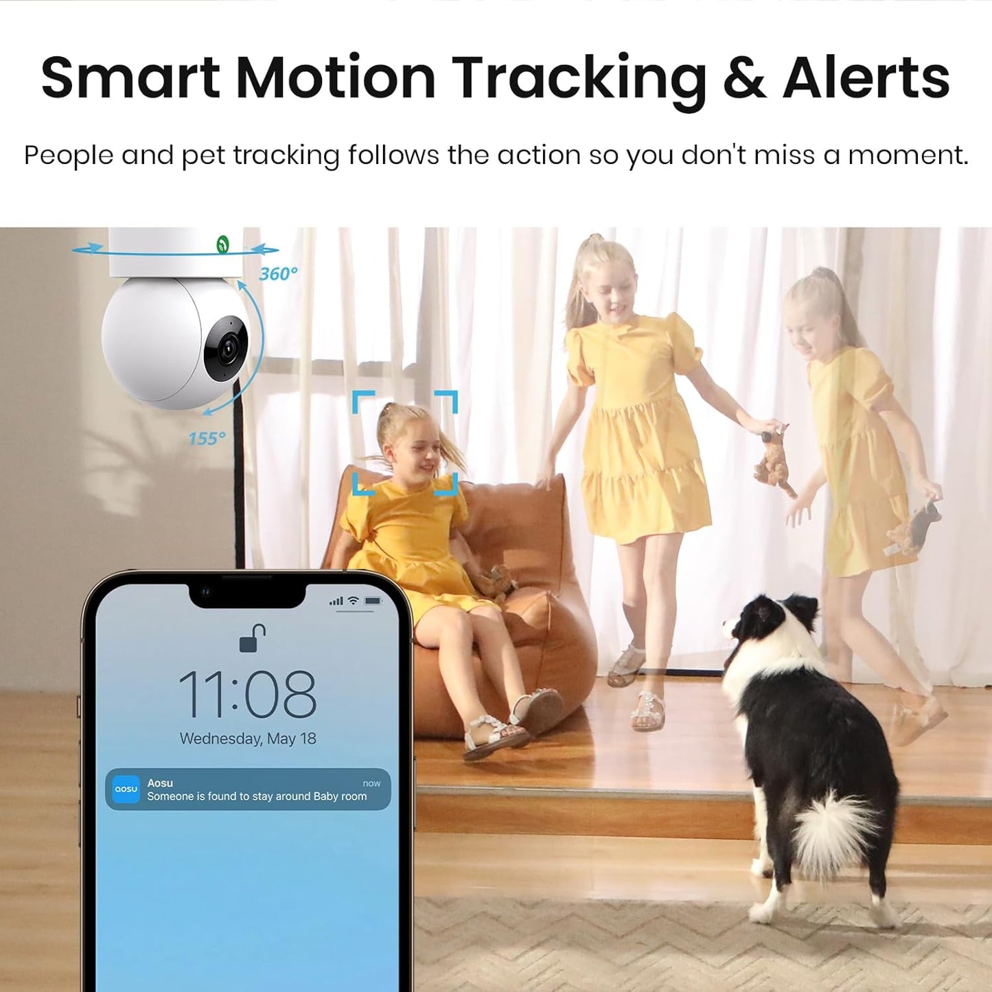4MP AOSU Indoor Security Camera - 2.5K Baby & Pet Monitor with 360° View, WiFi, Night Vision & Alexa Compatibility