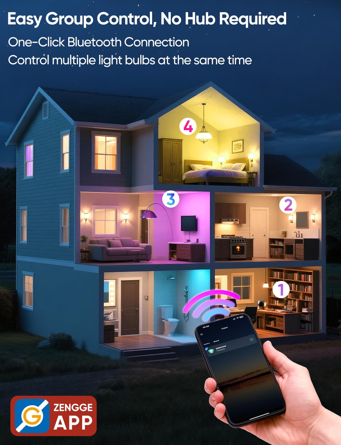 Brightever Smart A19 LED Light Bulbs, 60W Equivalent 800LM Color Changing E26 9W Bluetooth Light Bulbs with Remote Control, 16 Million DIY Colors RGBWW, Music Sync, 2-Pack