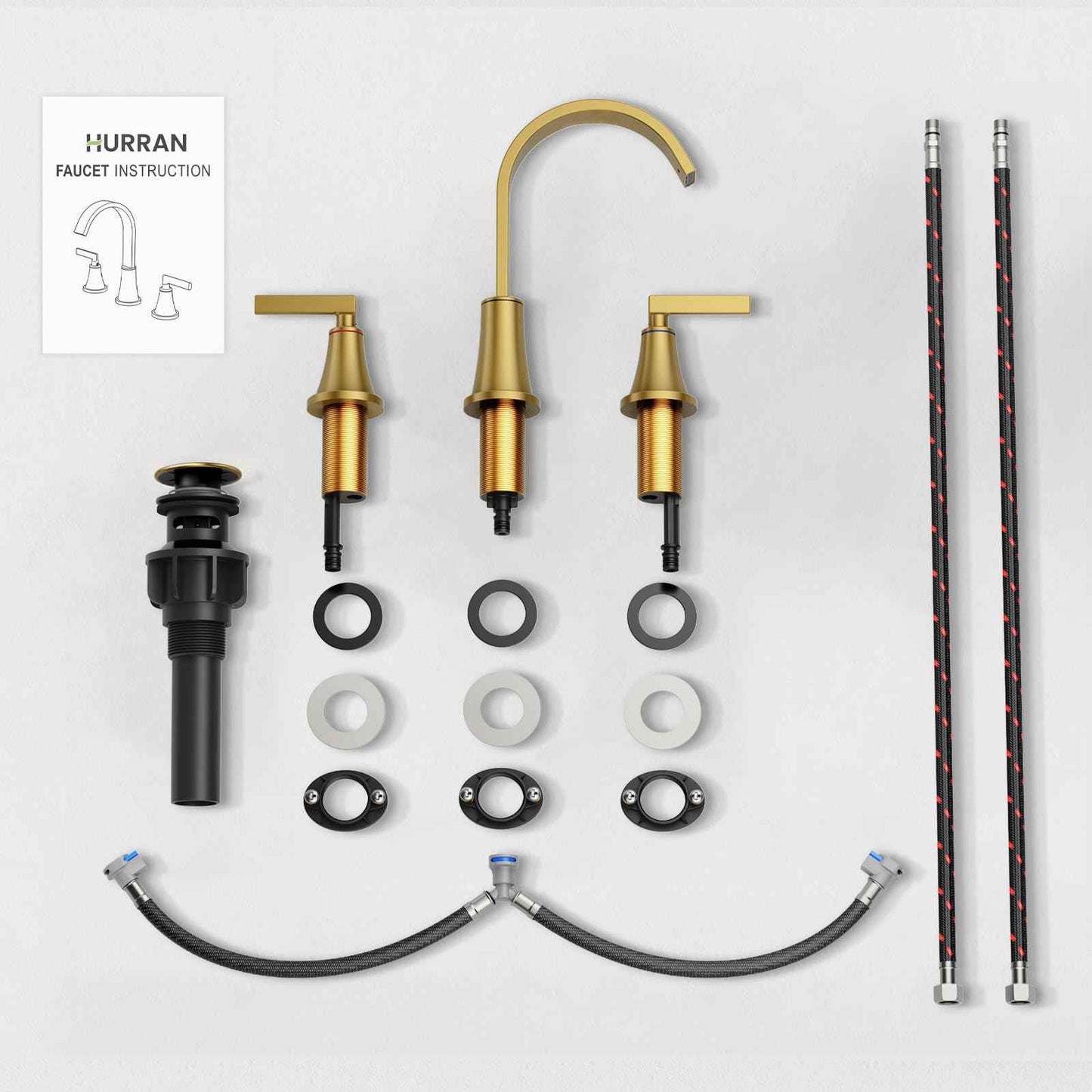 HURRAN 8 Inch Bathroom Sink Faucet, 3 Hole Widespread Bathroom Faucets with Pop Up Drain, Bar Faucet with Cache Aerator, Brushed Gold