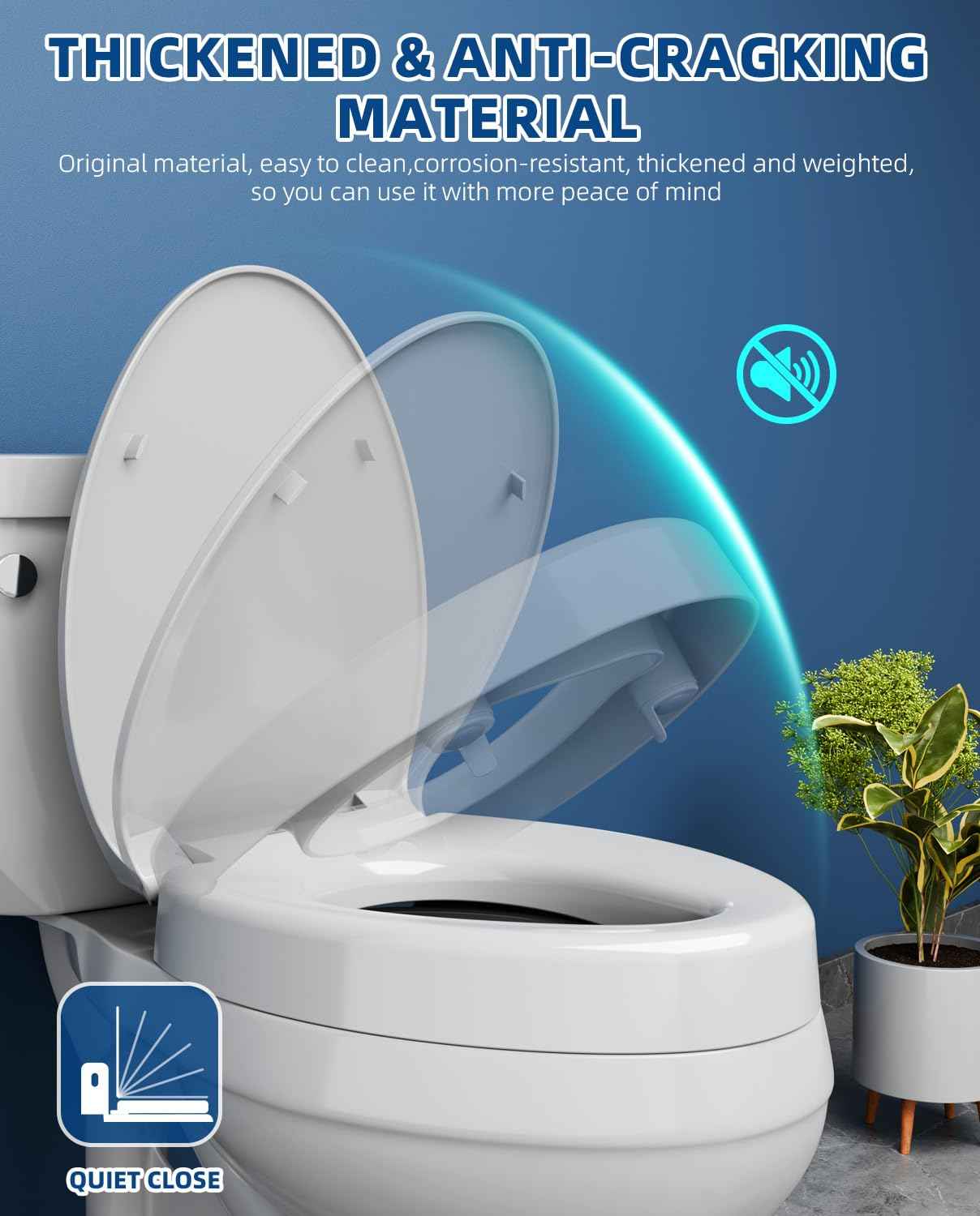 Elevated Toilet seat 3 inch, Elongated Toilet seat risers for Seniors, Slow Close, Heavy Duty, Never Loosen, Raised Toilet seat Elongated Bowl, White(18.5”)