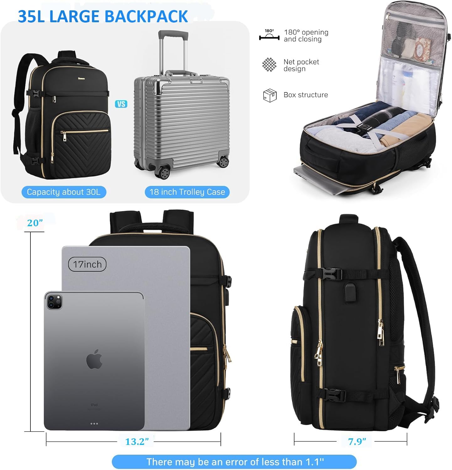 MOMUVO Large Travel Backpack - Flight Approved Carry-On with USB Charging Port | 18.4 Inch Laptop Bag