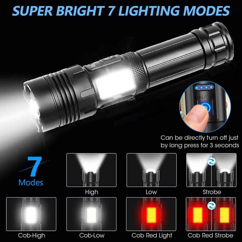 Rechargeable Flashlights High Lumens, 5000mAh Super Bright Flash Light, 7 Mode with Side Work Light, Red Light Tactical Flashlight, High Powered Linternas LED Flash Light for Home Camping Emergency
