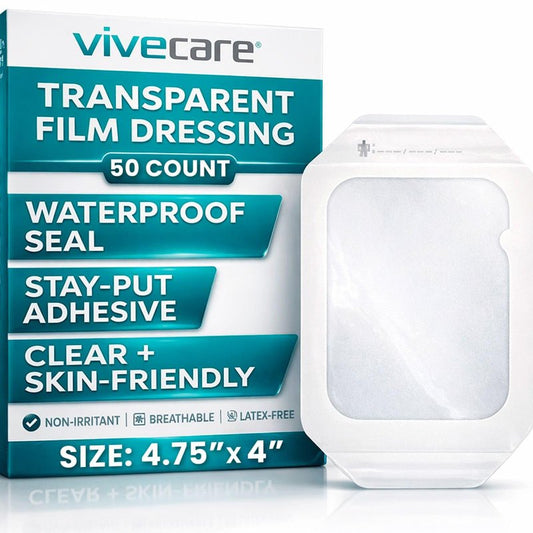 ViveCare Transparent Film Dressing (50 Pack) - Waterproof, Transparent Adhesive Bandages (4" x 4 3/4") - Clear Film Wound Cover Patch - Surgical Wound Bandage - Shower Shield for Wounds & Tattoos