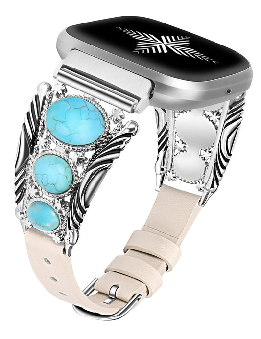 Minyee Leather Band Compatible with Fitbit Versa 2/Versa 1/Versa Lite Bands Women, Turquoise Western Boho Vintage Cowboy Retro Jewelry Ethnic Designer Cute Fancy Style Replacement Strap for Versa 2