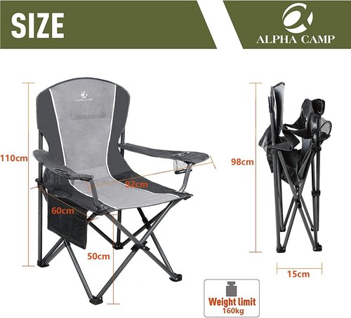 ALPHA CAMP Oversized Camping Chair - Heavy Duty Steel Frame, Supports 350 LBS, Portable with Padded Arms & Cup Holder