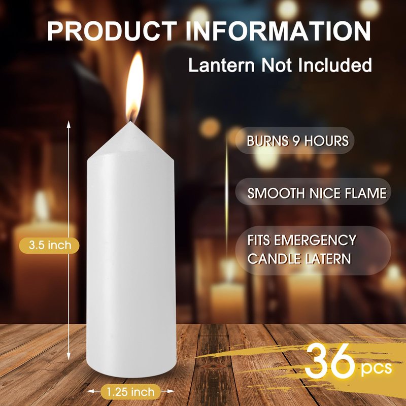 Threlaco 36 Pack 9 H+ Emergency Candles Bulk Long Burning Survival (15h+ Inside Candle Lantern), 3.5 Inch White Pillar Candles Bulk for Power Outage, Camping Emergency Survival Preparedness