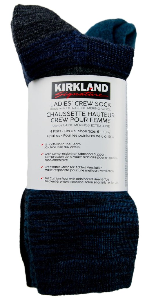 KIRKLAND Signature Ladies' Extra-Fine Merino Wool Crew Socks, Blue, 4 Pairs