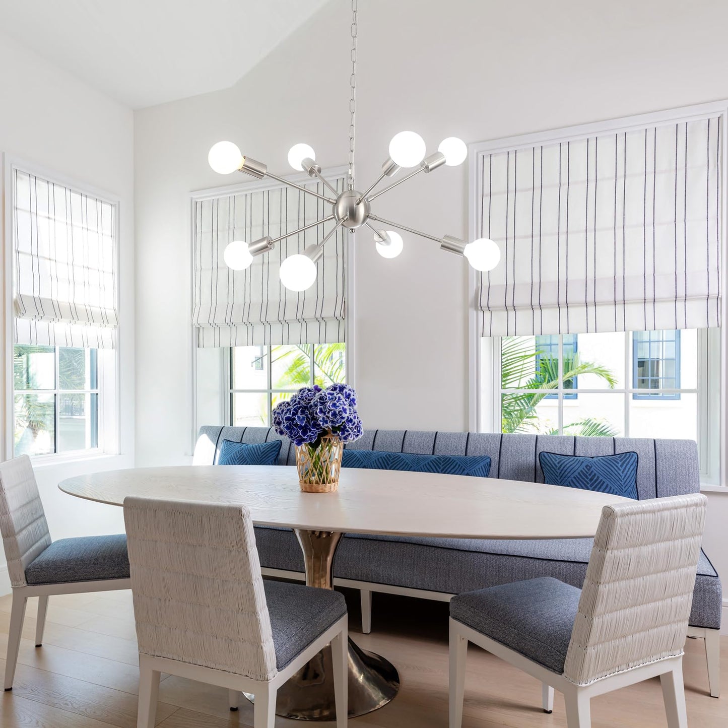 LJHhowe Plug in Chandelier 8 Lights Pendant Light Hanging Lights Fixture Ceiling with Plug in Cord 16.4ft & On/Off Switch Brushed Nickel Sputnik Chandelier for Dining Living Room Kitchen Foyer