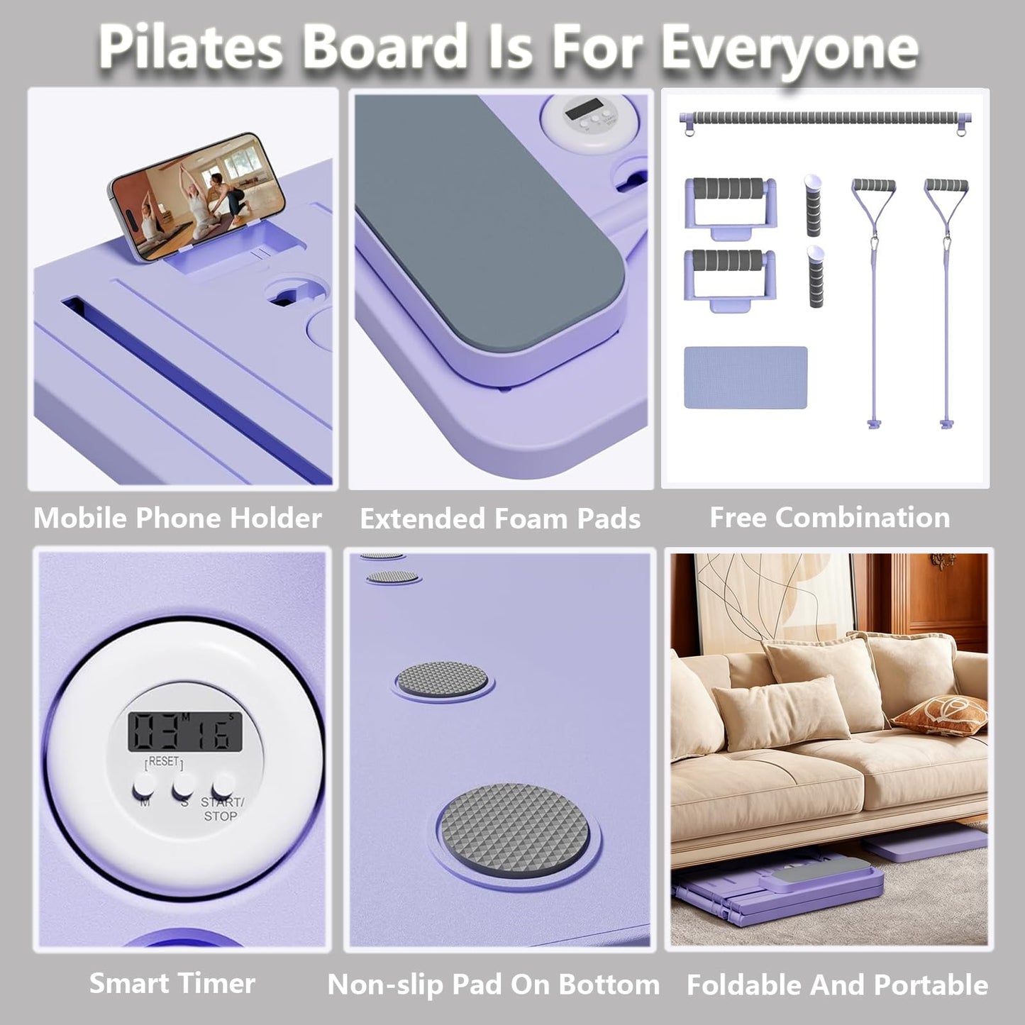 Exhilppy Pilates Board with Phone Holder and Timer, Portable Pilates Reformer, 8-in-1 Multi-Functional Foldable Pilates Reformer Board Set