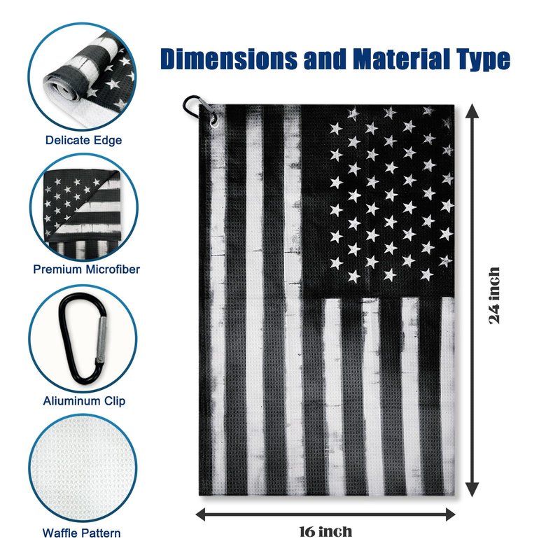 FCYDMN Black American Flag Golf Towel 24×16 Inches Quick Dry Funny Golf Towel with Carabiner Clip Absorbent Microfiber Waffle