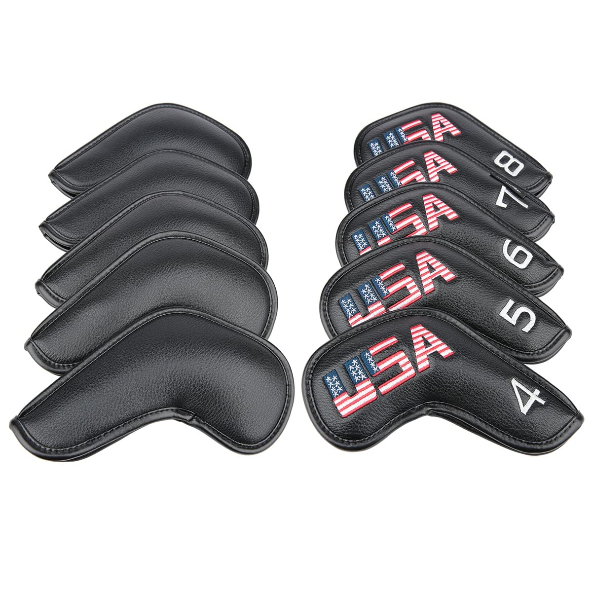 Golf Builder 10pcs/Set Black Leather USA Golf Club Iron Head Covers 4-9,P,S,A,Lw Fit All Brands