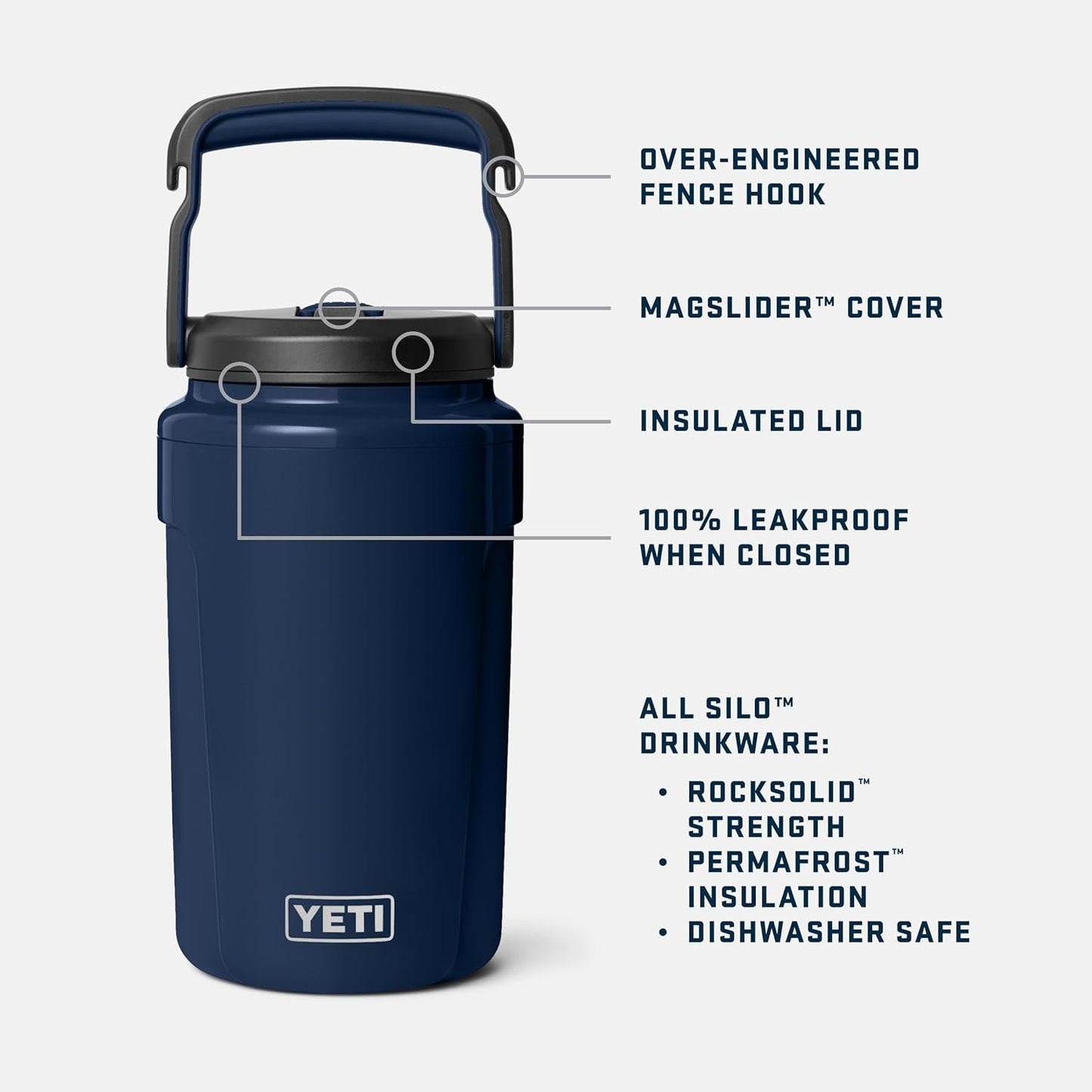 YETI Silo Half Gallon Insulated Water Jug - Lightweight, Leakproof Sports Bottle with Straw Cap & Fence Hook - Keeps Drinks Ice-Cold - Navy
