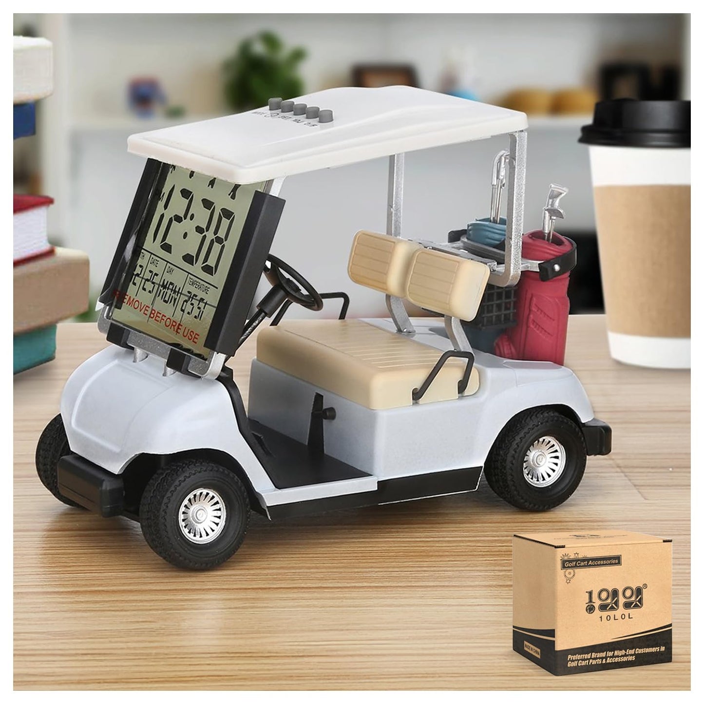 10L0L Mini Golf Cart Alarm Clock LCD Display Calendar Golf Gifts for Men Fans Golfers Superior Race Souvenir Novelty(White)
