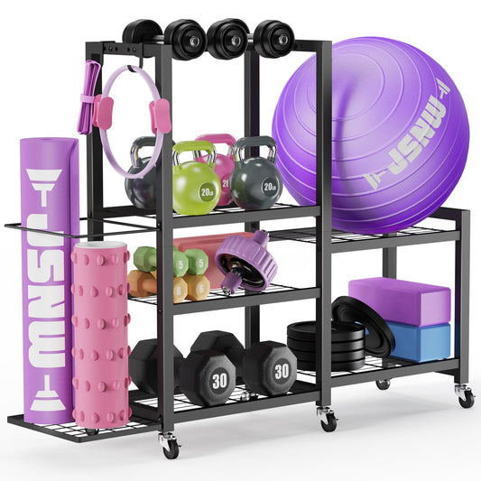 6-Tier Multi-Functional Home Gym Storage Rack with Wheels and Hooks, Adjustable Weight Rack for Dumbbells Kettlebells Yoga Mat and Balls, Space Saving Workout Equipment Storage Organizer