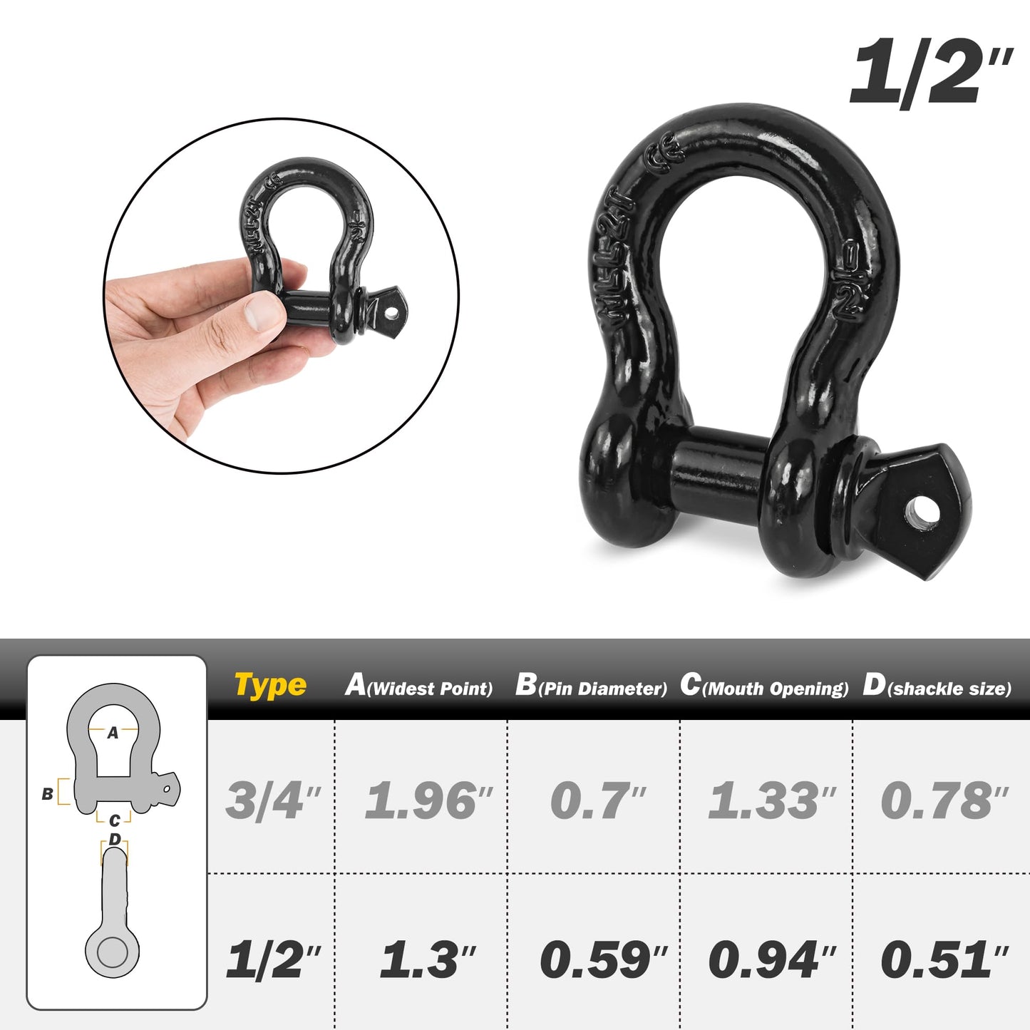 Digank D Ring Shackles, 1/2" Clevis Shackle with 9/16" Screw Pin 26,400Ibs Break Strength, Rugged Off Winch Shackle Heavy Duty Shakcles (Black) Accessories for Jeep Pickup Trucks SUV Trailer ATV UTV
