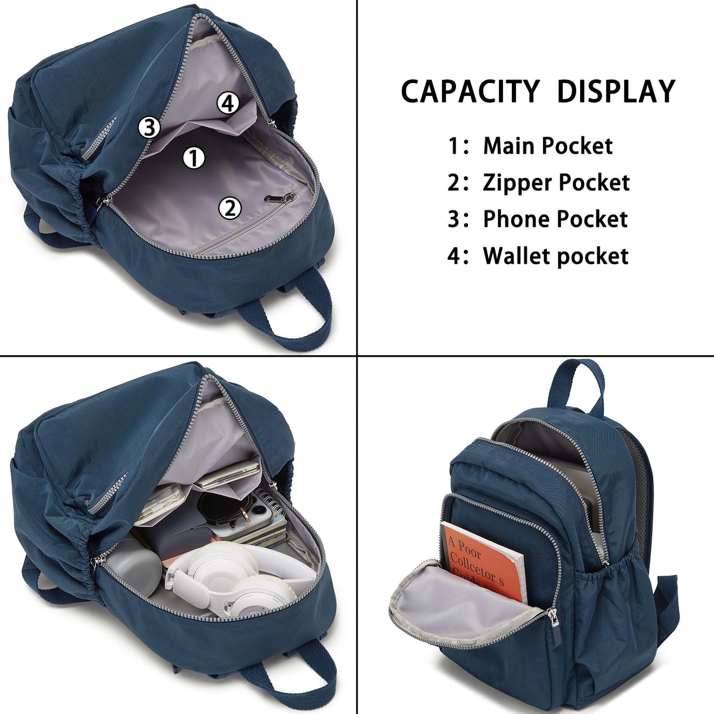 DOKUDOKU Small Nylon Backpack Mini Casual Daypack Lightweight Backpack for Women (NAVY BLUE)