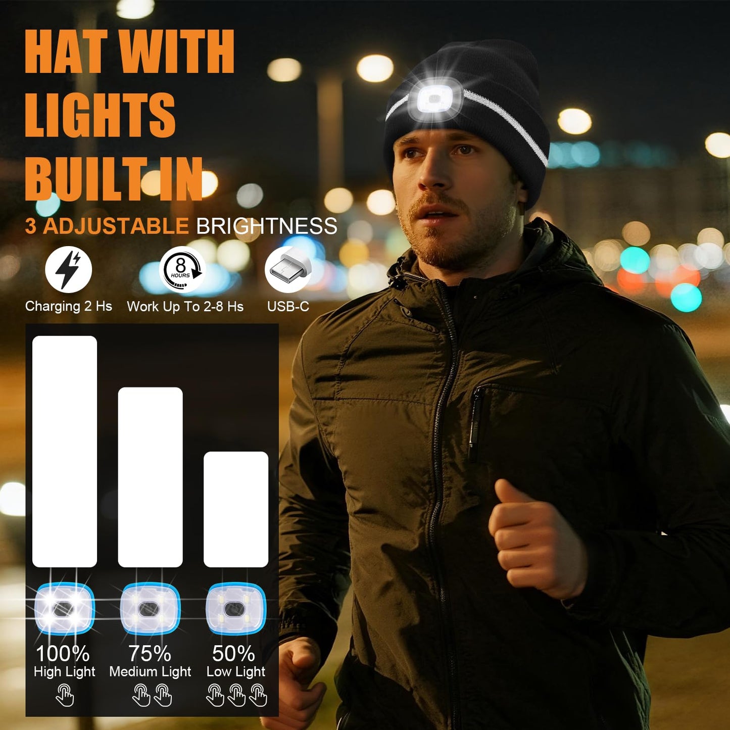 MELASA Fleece Lined Reflective Stripe Hat with Light, USB C Rechargeable Safety High Visible LED Beanie Suitable Outdoor Work Running Gifts for Men Dad Father Fluorescent Yellow