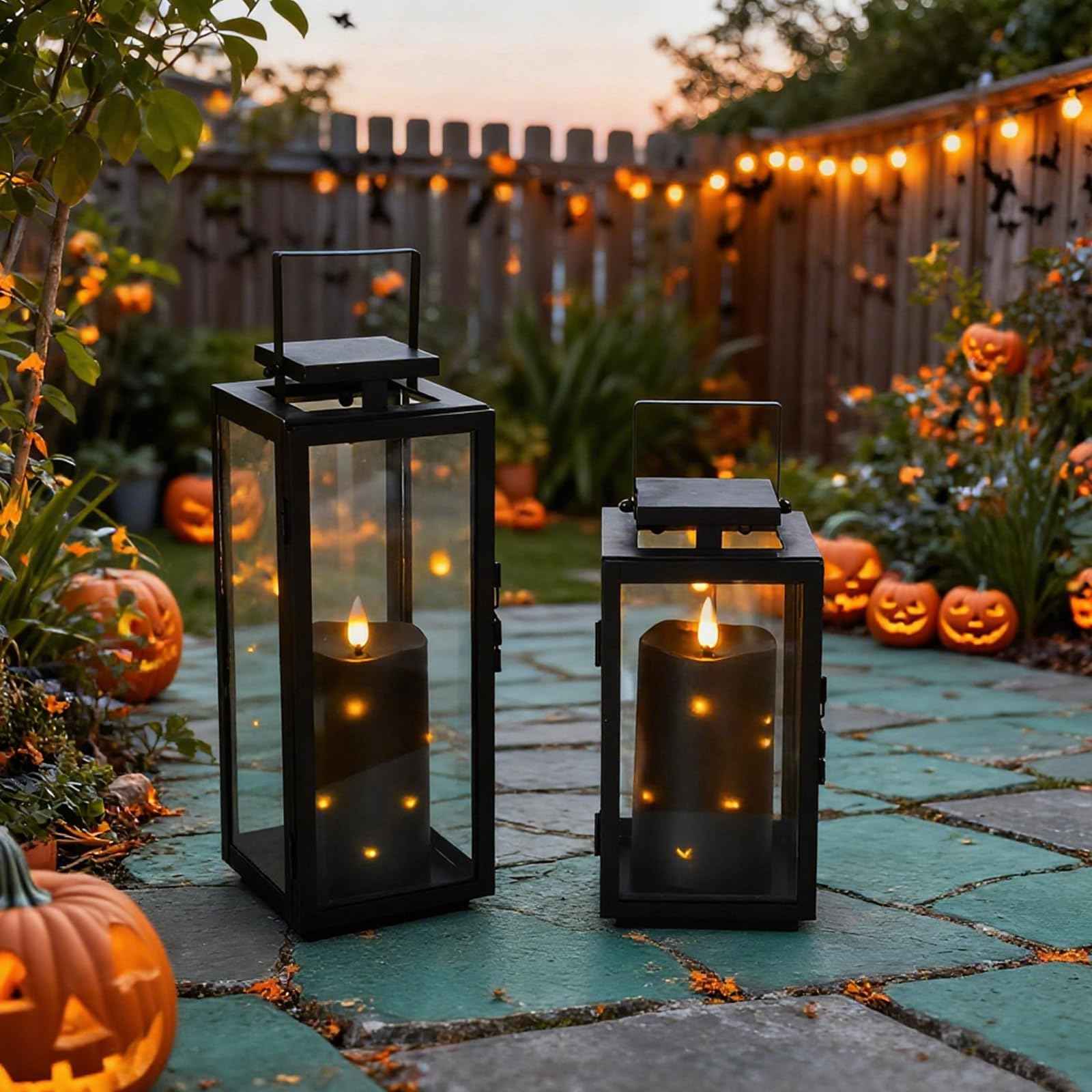 Lezonic Black Flameless Waterproof Outdoor Candles with Remote, 4Pcs Battery Operated Candles LED Flickering Dancing Flame, Built-in String Lights for Halloween Patio Room Decor, 3.25" x 6"