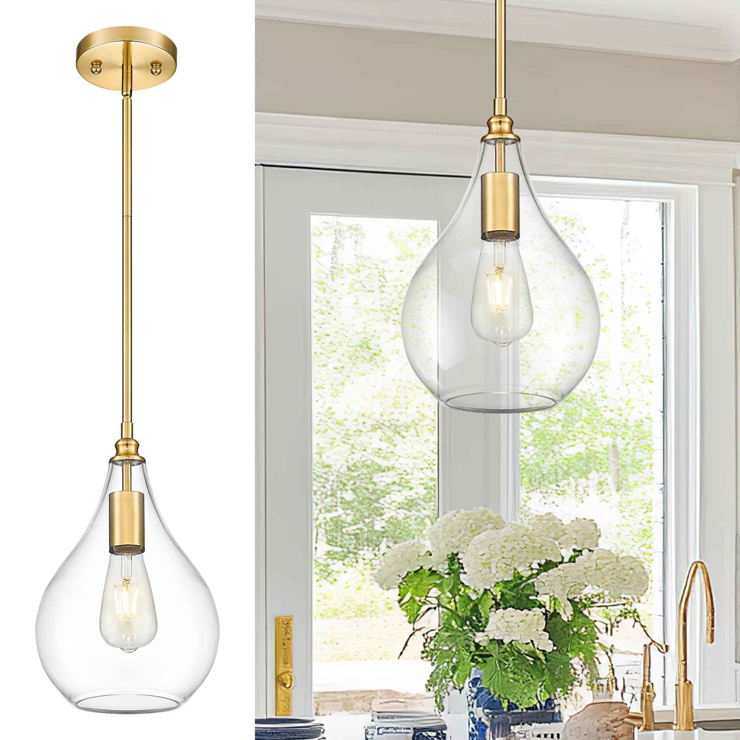 TENGXIN 8 Inch Pendant Lighting for Kitchen Island,Hanging Lights Kitchen Island,Brushed Gold Finished Clear Glass Pendant Light,Farmhouse Pendant Light for Dining Room,Bedroom,TXPLBG12-LCG