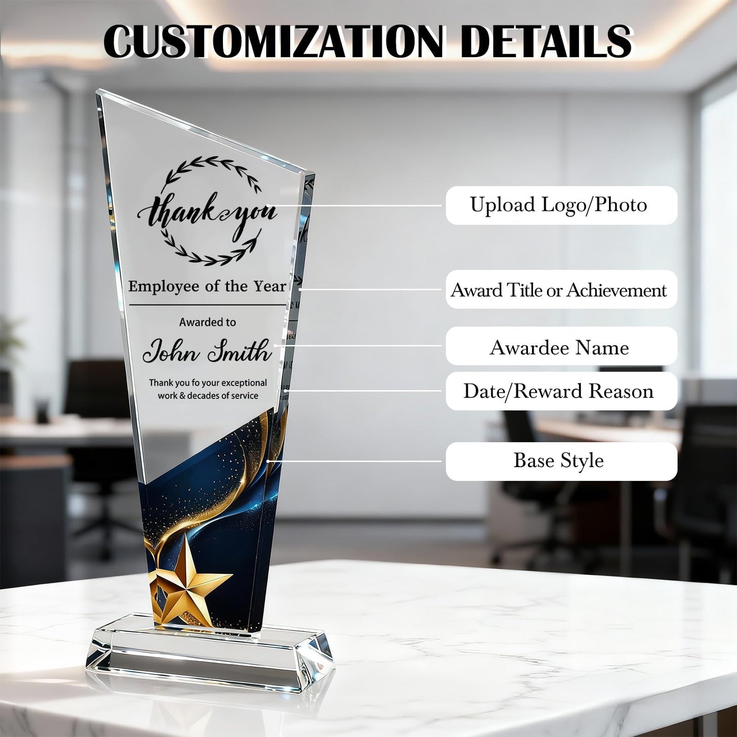 Personalized Crystal Trophy Award - Custom Plaque Award with Text Logo Photo - Awards and Trophies for Farewell Retirement, Employee Recognition - Thank You Gifts for Boss Employee Teacher