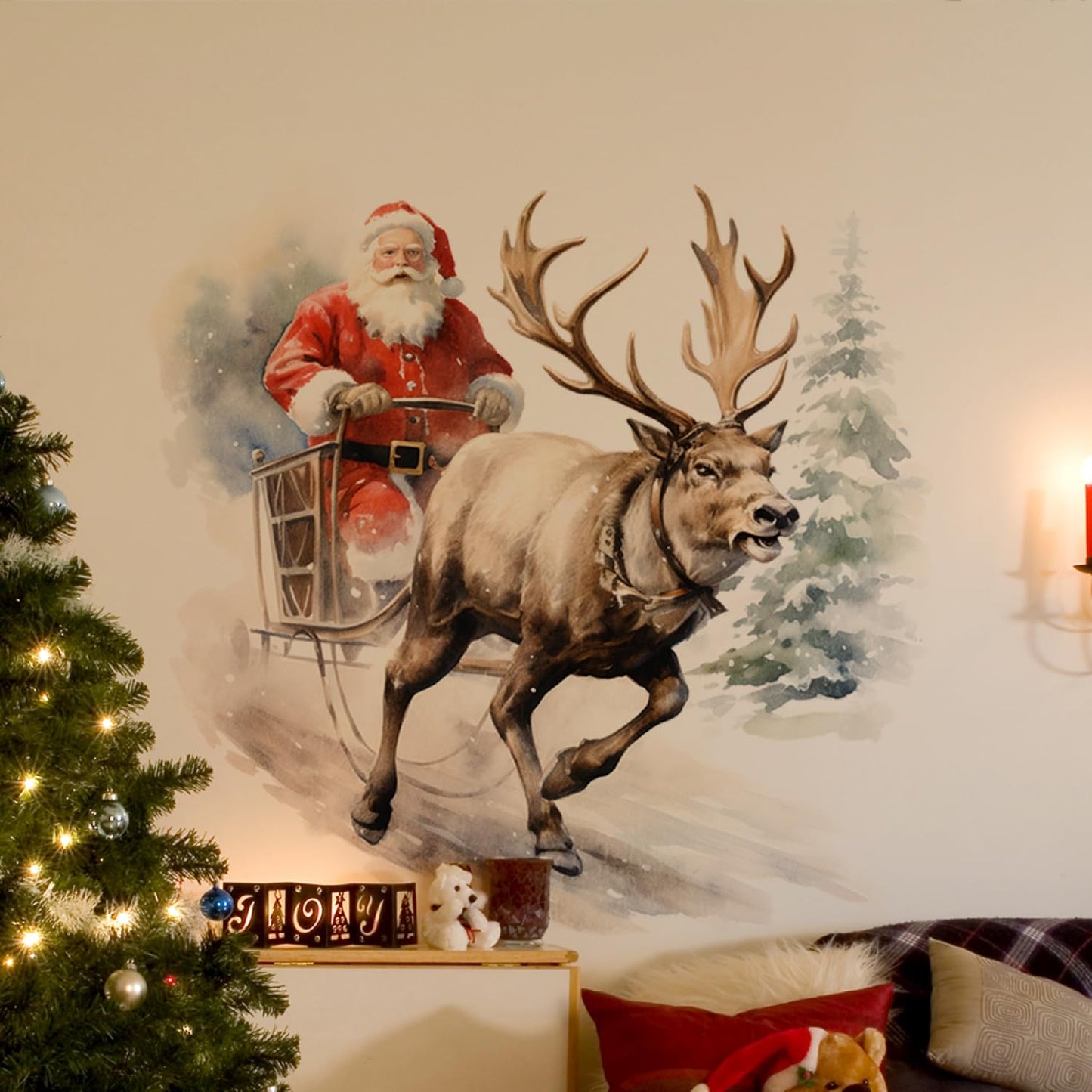 3D Christmas Reindeer Pulling Santa's Sleigh Wall Decal - Removable Tree Sticker, Vinyl Decor, Deer Snow Art Winter Scenes Mural, Peel and Stick