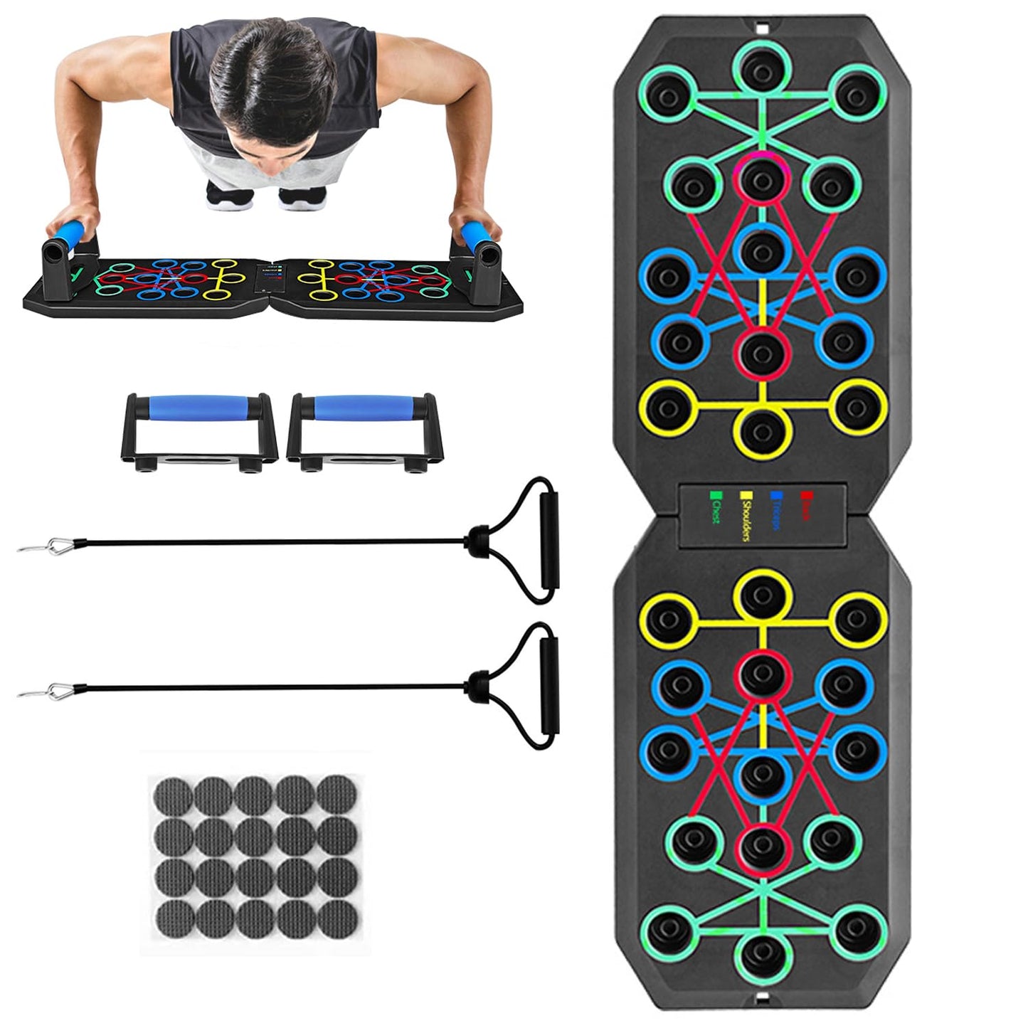 Push Up Board Fitness, BESUNTEK Foldable Multi-Function Exercise Board with Elastic Cord for Total Body Workouts, Portable Push Up Board for Floor