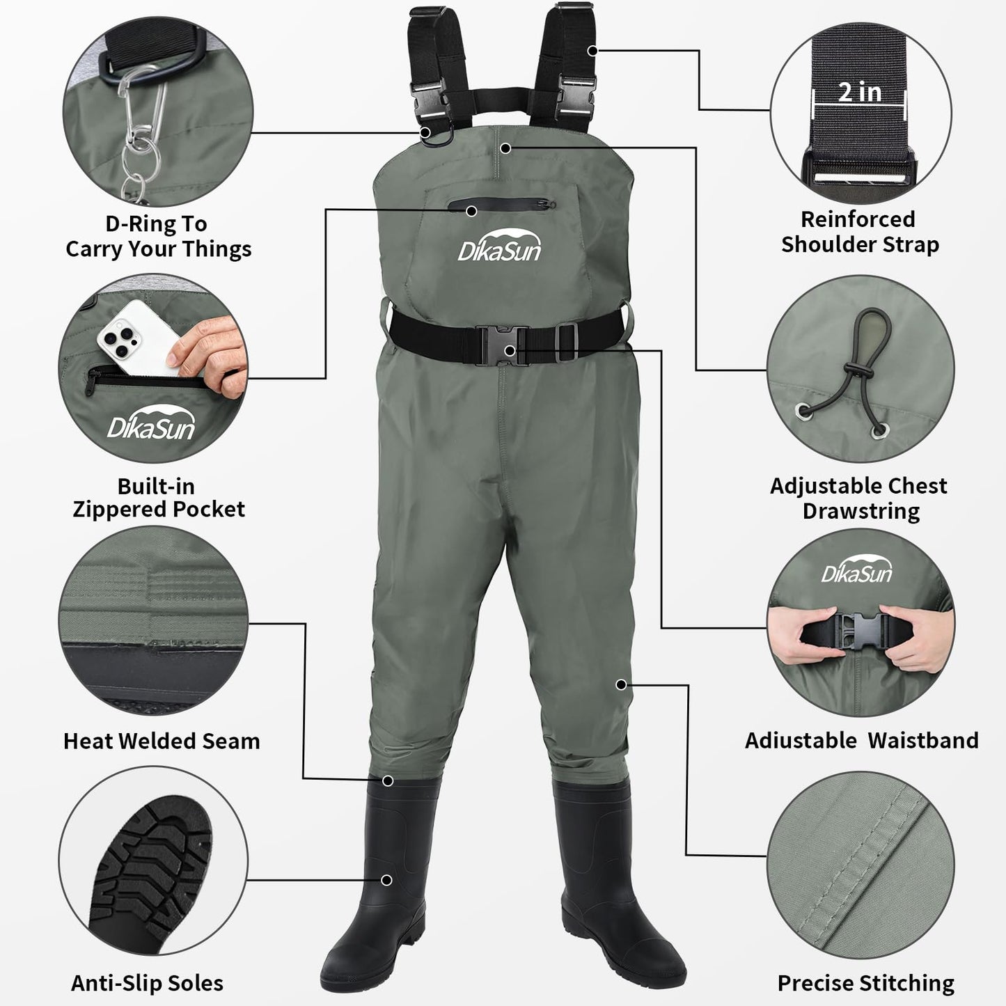 DikaSun Fishing Waders for Men & Women, Waterproof 2-Ply Nylon/PVC Chest Wader with Boots for Outdoor Sizes 4-13 Bootfoot(Grey, M4/W6)