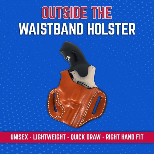 DeSantis Roscoe Cross Draw OWB Leather Belt Slide Holster - Right Hand, Saddle Tan, Compatible with S&W J-Frame 2