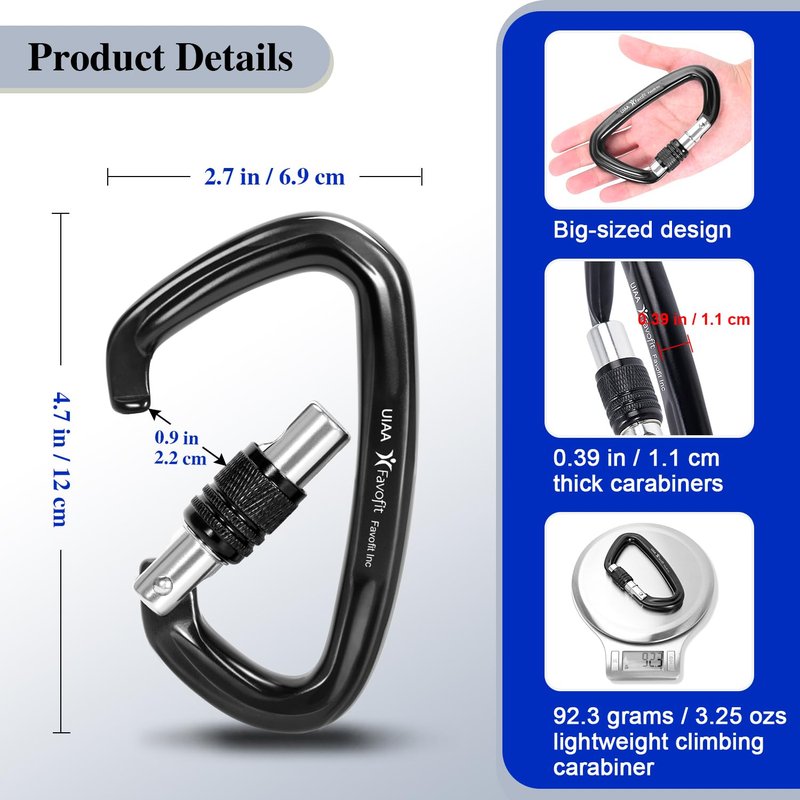 Locking Climbing Carabiner Heavy Duty: Favofit UIAA Certified 42kn (9441 lbs) Safety Caribeaner Clips - Large Screwgate Rock Mountain Caribiniers for Rescue Firefighter