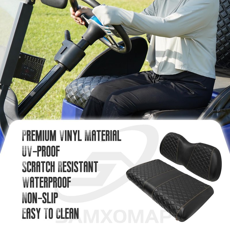 SAMXOMAP Golf Cart Seat Covers for Club Car Precedent/Onward/Tempo 2004+ Front OEM Universal Seat Cushion, Marine Grade Vinyl Leather Club Car Seat Covers/Easy to Install-Black (2PCS)