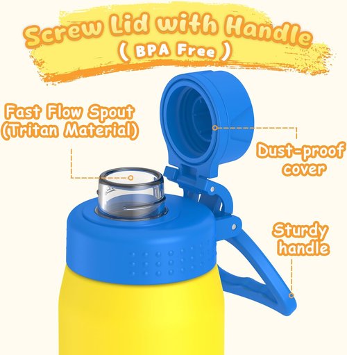 GOPPUS Kids Water Bottle - 19oz Stainless Steel Insulated, Leakproof, BPA-Free - Yellow for School