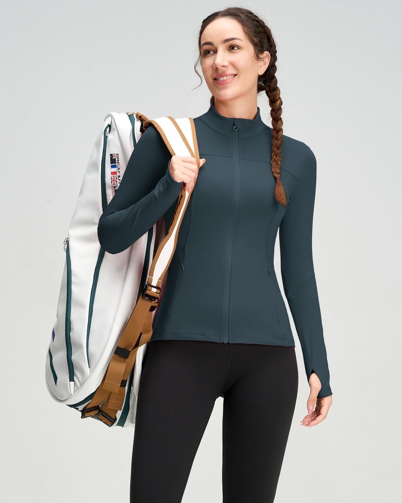 QUEENIEKE Womens Running Jacket Athletic Workout Jackets Track Full Zip Up Gym for Women Yoga Top Nurse Align Slim Fit Sport bbl Scrub Jacket Long Sleeve Sweater Dusty Blue X-Small