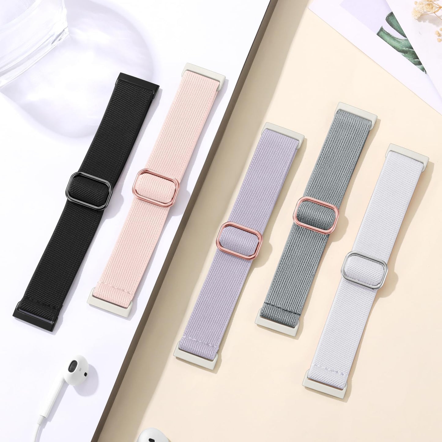 Odbeai Stretchy Strap Compatible with Fitbit Sense 2 Bands/Sense Band, for Versa 4 Bands for Woman/Versa 3 Band, Water-Resistant Adjustable Soft Nylon Elastic Braided Sport Wristbands, 5 Packs