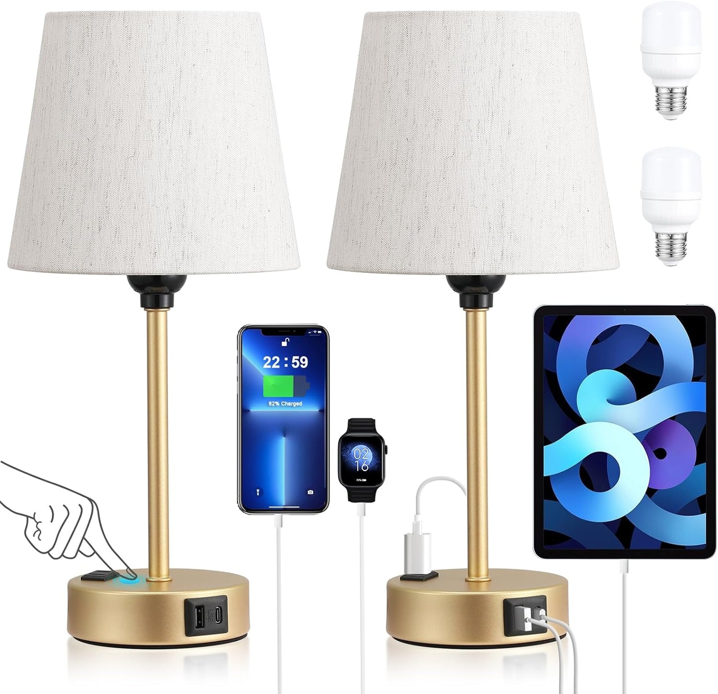 Set of 2 Mini Bedside Lamps with USB-C & AC Outlet - Dimmable Touch Nightstand Lights for Bedrooms