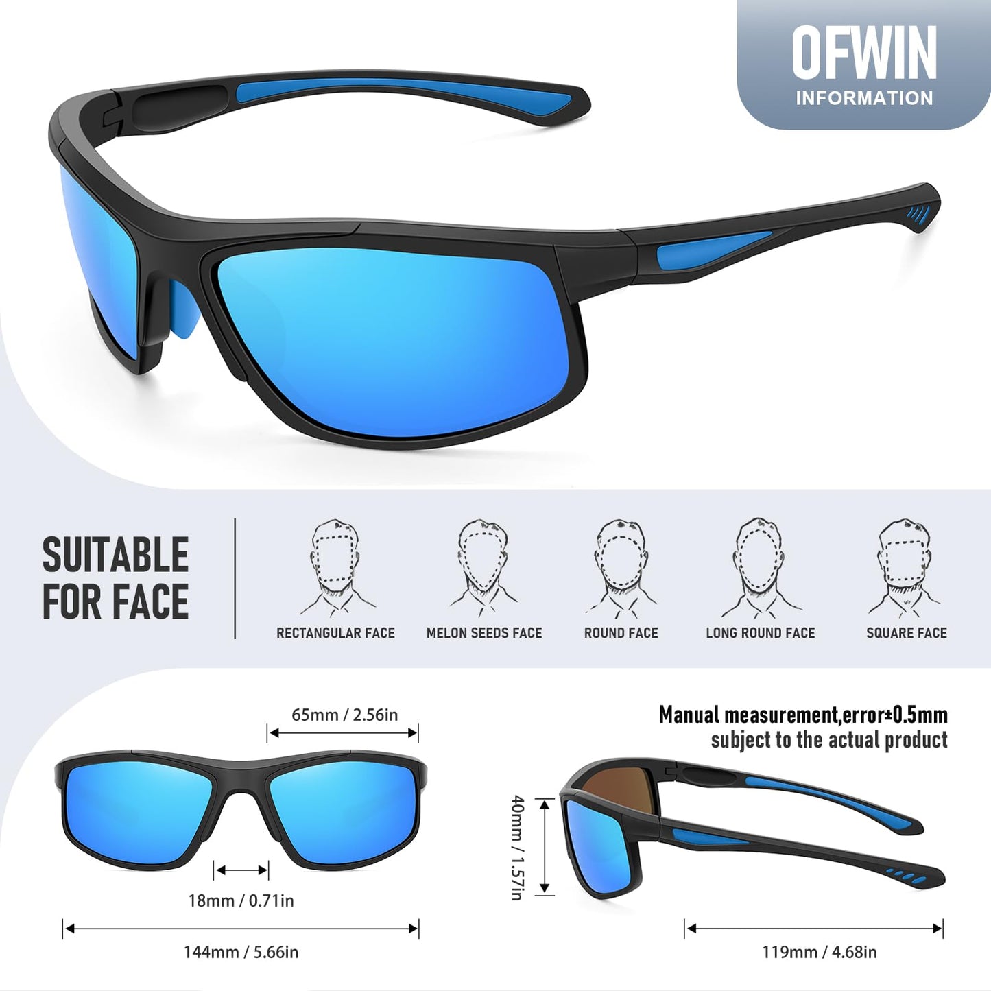Ofwin Sports Sunglasses for Men Women Polarized UV Protection Fishing Driving Cycling Bik Running Wrap Around Sun Glasses