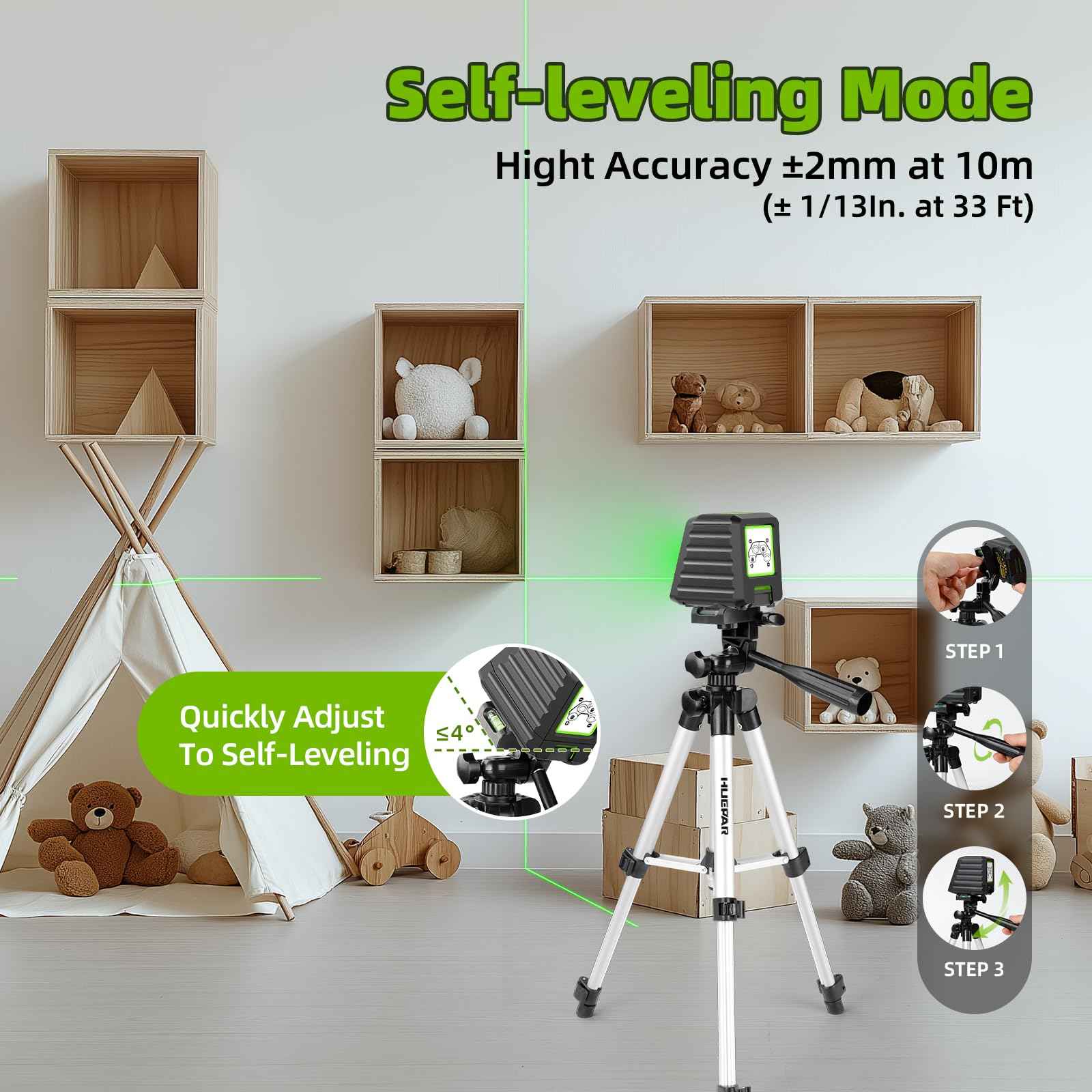 Laser Level with 26in Tripod, Huepar 150°/150Ft Self Leveling Lazer Leveler Tool with Pulse Mode (197Ft), Switchable Green Cross Line for Picture Hanging, Tile, DIY/Construction Project