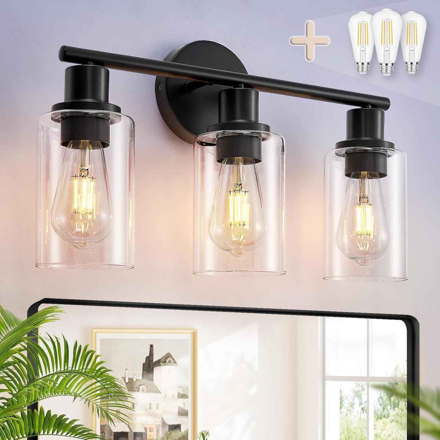 Modern Black 3-Light Bathroom Vanity Light Fixture with Clear Glass Shades - 2 Pack