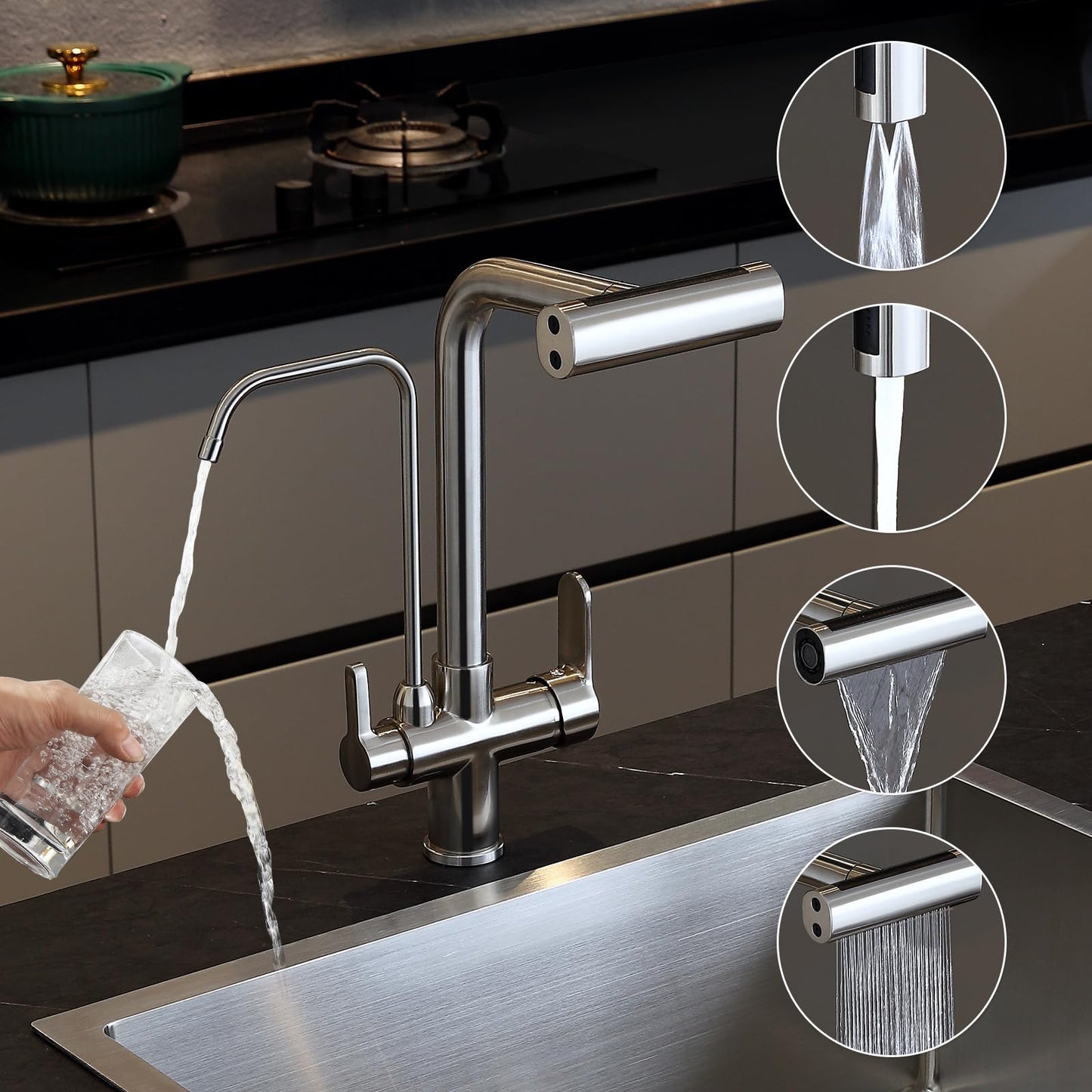 KINKIB Waterfall Kitchen Faucet with Filter - Pull Down Kitchen Faucet with 4 Spray Modes, RO System Compatible, Dual Handle Lead-Free Brass Design, Brushed Nickel