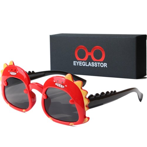 EYEGLASSTOR Dinosaur Cartoon Toddler Sunglasses for Kids Aged 2-6, Red & Black Dark Lenses, UV400 Protection, Secure Fit for Outdoor Play