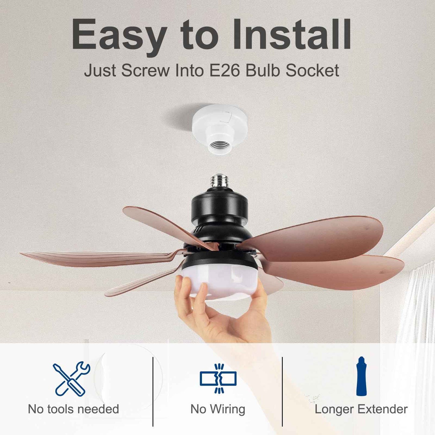 Socket Fan Light, Light Bulb Fan 20.5IN Dimmable, Screw in Socket Fan Ceiling Fan with Light for Garage, Kitchen, Basement (Wood Grain)