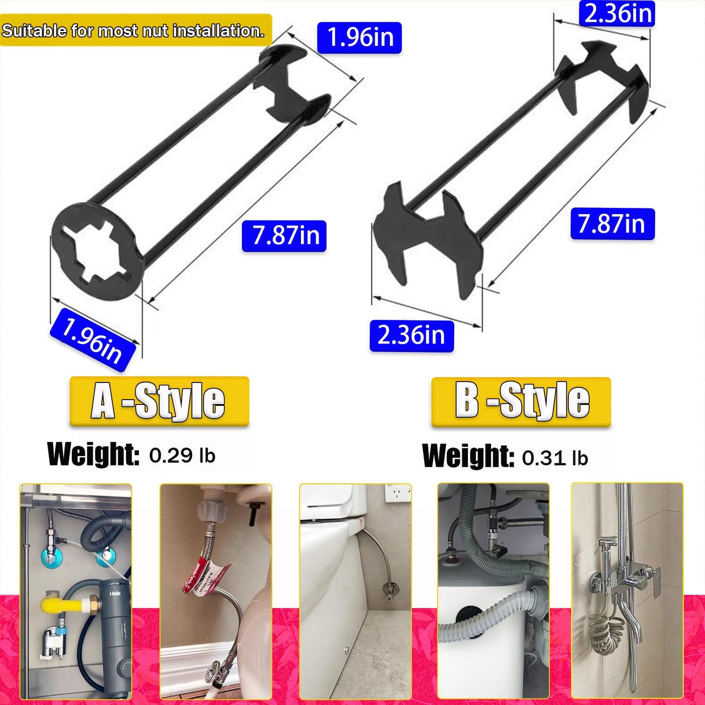 Basin Wrench, 9 in 1 Multifunctional Sink Bathroom Wrench, Standard Household Water Pipe Faucet Washing Basin Corner Valve Sink Repair Removal Tool for Kitchen & Bathroom Tight Spaces (2-Piece)