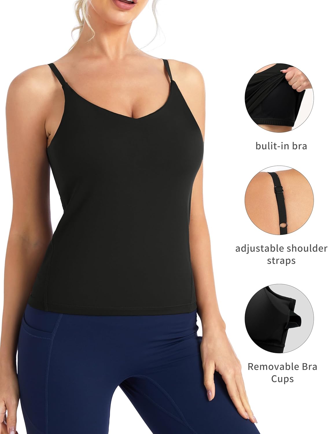 The Gym People Longline V Neck Sports Bra - Adjustable Spaghetti Straps & Removable Pads | Yoga Cami Top