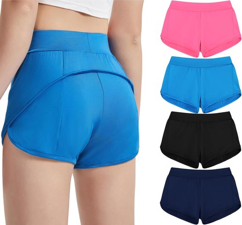 EXARUS Girls Athletic Running Shorts - Low Rise & High Waisted | 4 Pack for Ages 6-14 Years